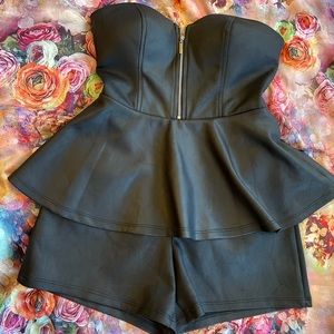 Bebe Strapless faux leather zip up romper XS